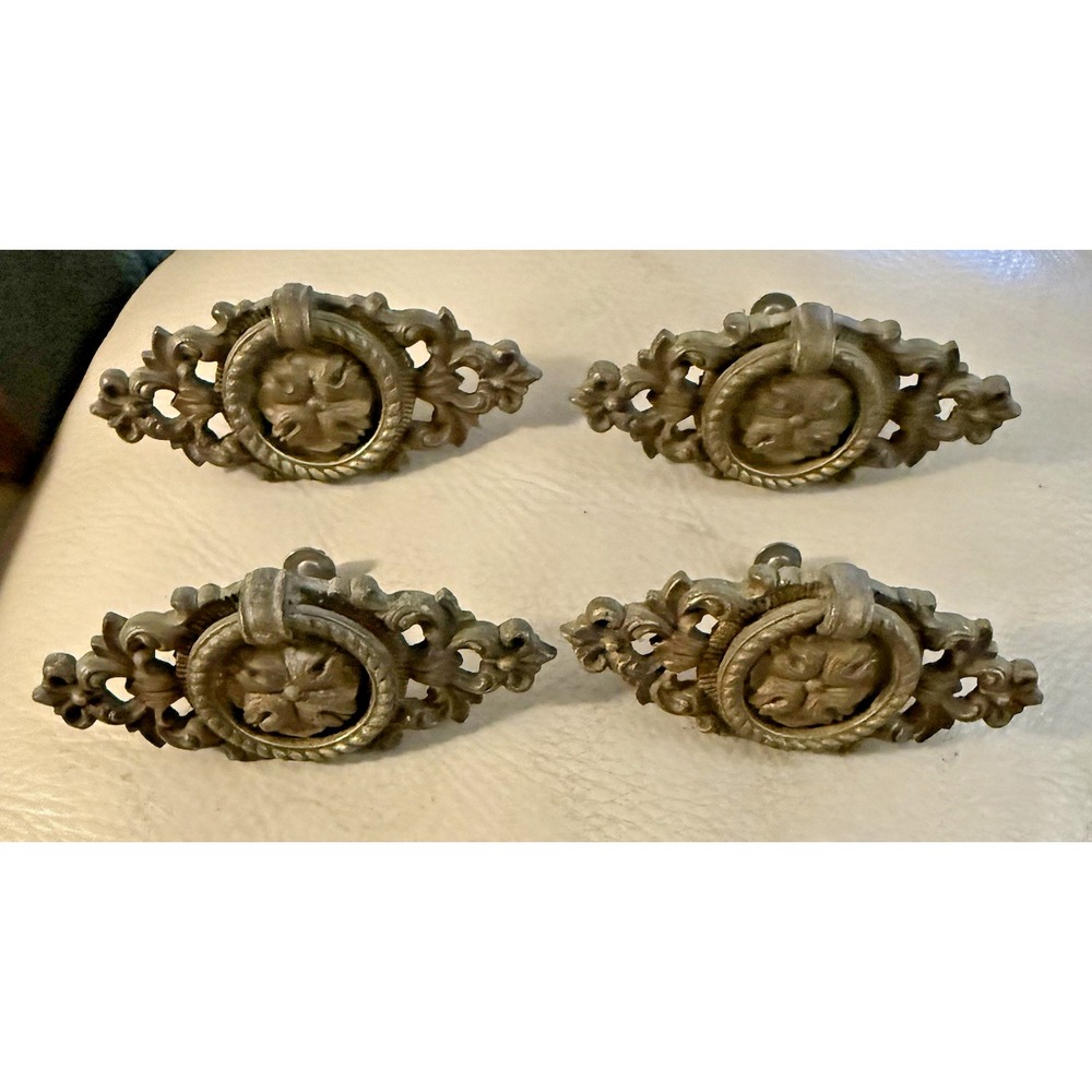 4 Pc Vintage Cabinet Pulls Handles, Vintage Antique Brass Ring Pulls with Screws